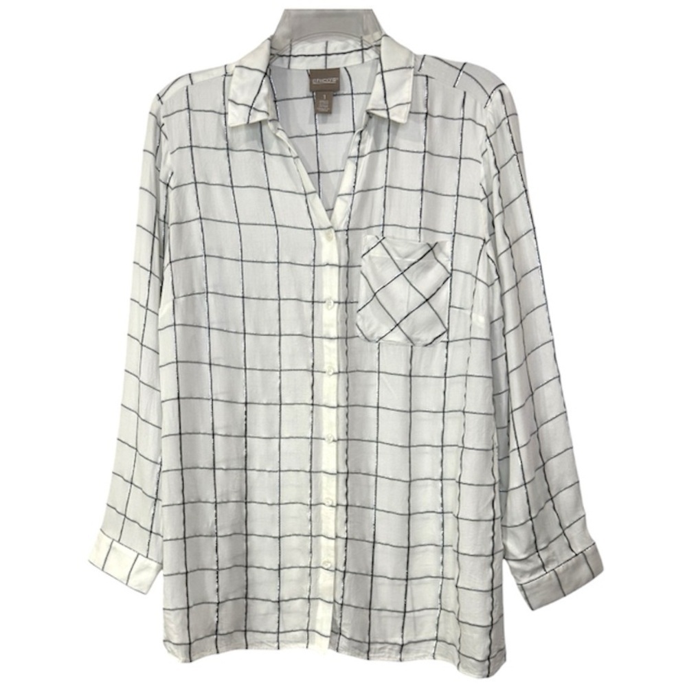 Chico’s Windowpane Plaid Blouse White Black Shimmer Button Front Top Size 1 US 8 - Picture 1 of 10